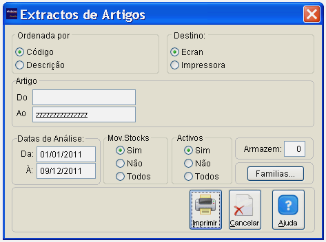 Listagem de Movimentos Inventário Extractos Lotes Movimentos Números de Série Stocks em