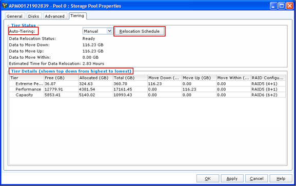 Na lista Auto-Tiering, selecione Manual ou Automatic para o Relocation Schedule. O painel Tier Details exibe a distribuição exata dos dados. 3.