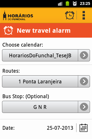 Implementação 2013 Figura 5.14 Agendar viagem na atividade Alarmes 5.3.3.2. Editar Alarme Para editar um agendamento de uma viagem tem-se obrigatoriamente de ir à atividade Alarmes.