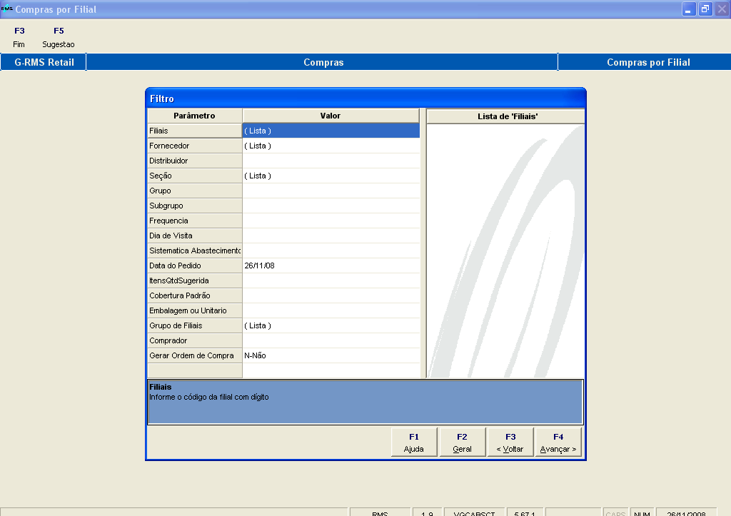 Campos para seleção no filtro: FORNECEDOR DISTRIBUIDOR SEÇÃO GRUPO SUBGRUPO FREQUENCIA DIA DE VISITA SISTEMA DE ABASTECIMENTO DATA DO PEDIDO ITENSQTDE SUGERIDA COBERTURA PADRÃO EMBALAGEM OU UNITÁRIO