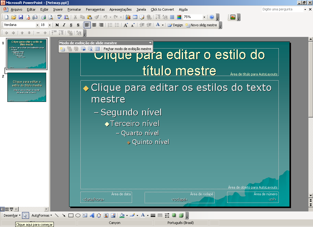 Padrão: Permite aplicar preenchimentos baseados em padrões de duas cores. Para alterar as cores do padrão, modifique os tons nas caixas Primeiro plano e Plano de fundo.