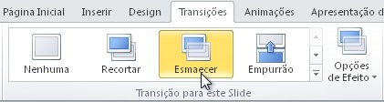 Na guia Transições, no grupo Transição para Este Slide, clique no efeito de transição de slides desejado para o slide. 4. Selecione uma transição no grupo Transição para este Slide.