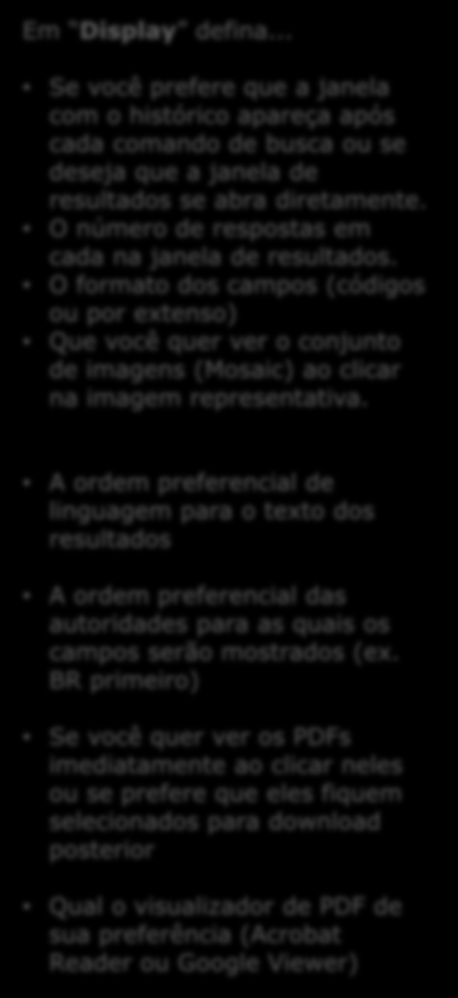 Em Display defina... Se você prefere que a janela com o histórico apareça após cada comando de busca ou se deseja que a janela de resultados se abra diretamente.