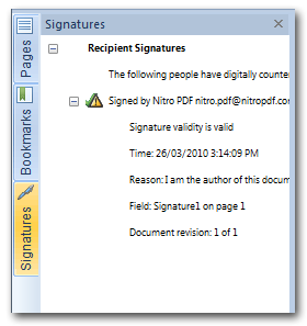 O painel Assinaturas Se o documento PDF aberto contiver uma ou mais assinaturas ou certificados digitais, você poderá usar este painel para ver as informações sobre a assinatura e pular