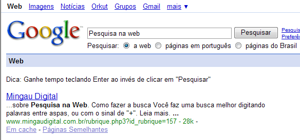 Veja que o Google mostra opções de pesquisa apenas com esse tipo de extensão. Por exemplo, pesquisamos o tema Pesquisa na web.