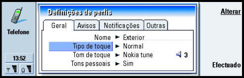 89 Telefone Figura 22 Página Geral Nome: Introduza o nome do perfil. Não pode mudar o nome de alguns dos perfis. Tipo de toque: Seleccione o tipo de tom de toque.