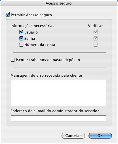 RECURSOS AVANÇADOS DO SPLASH RPX-ii 39 Acesso seguro O Acesso seguro permite limitar quem pode imprimir no Splash RPX-ii por meio da definição de combinações de nomes de usuário, senhas e números de