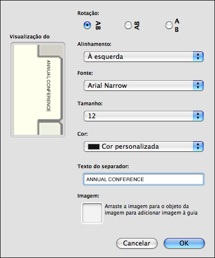 RECURSOS DE PRODUÇÃO DO SPLASH RPX-ii 86 Atributos do separador Você pode especificar rotação, alinhamento, fonte, tamanho, texto, cor e uma imagem na caixa de diálogo Atributos do separador.