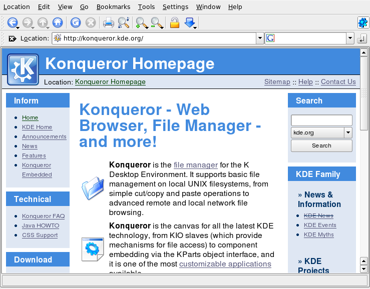 Browser da Web Konqueror 7 O Konqueror não é apenas um gerenciador de arquivos versátil, é também um moderno browser da Web.
