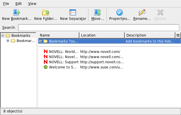 Figura 8.2 Usando o gerenciador de marcadores do Firefox Para abrir o gerenciador de marcadores, clique em Bookmarks Manage Bookmarks (Favoritos - Organizar).