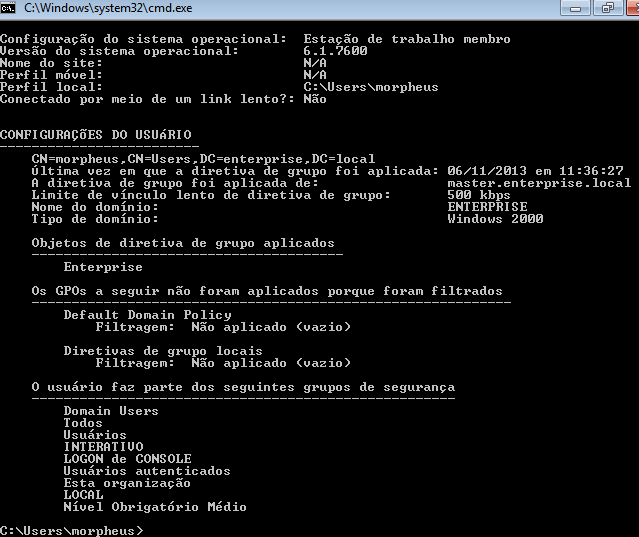 70 6. Após o GPO ter sido aplicado, faremos um teste de replicação no cliente Windows, faça o login no cliente com o usuário morpheus, e execute o comando abaixo: C:\Users\morpheus>gpresult /R A