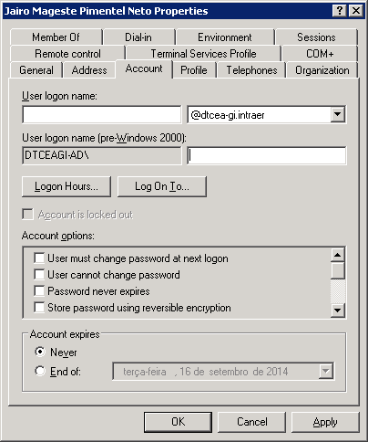 32 Figura 17 - Active Directory - Propriedades do Usuário Na janela de propriedades do usuário, há a configuração de três requisitos da política de segurança: horário de utilização, definido em Logon