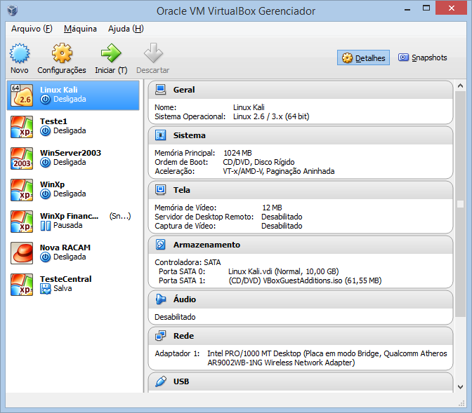 33 Visando minimizar os impactos durante os testes do AD, os testes em Windows XP foram realizados sobre maquinas virtuais no VirtualBox, uma vez que a licença do Windows XP permite a instalação em