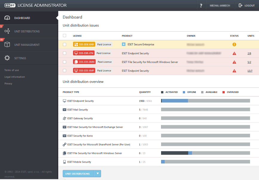 As licenças podem ser gerenciadas desta seção ou online clicando em Abrir pen ELA (ESET License Administrator) ou usando a Interface da web do ESET License Administrator (consulte a seção