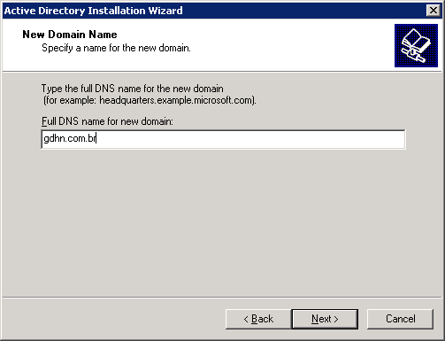 O "Domain NetBIOS name" é um nome alternativo para o servidor, que será fornecido aos clientes com versões antigas do Windows (95/98/ME/SE ou NT), que ainda utilizam o WINS ou pacotes de broadcast