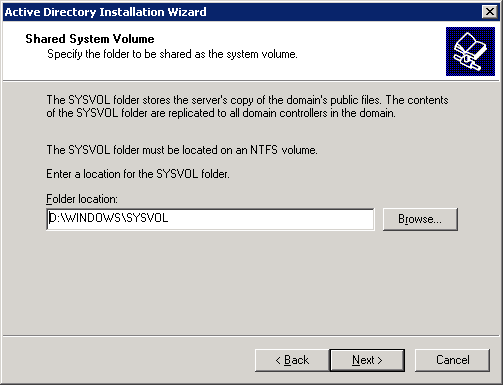 A pergunta seguinte é sobre a localização do SYSVOL, que armazena arquivos que ficarão acessíveis a todas as máquinas que fazem parte do domínio.