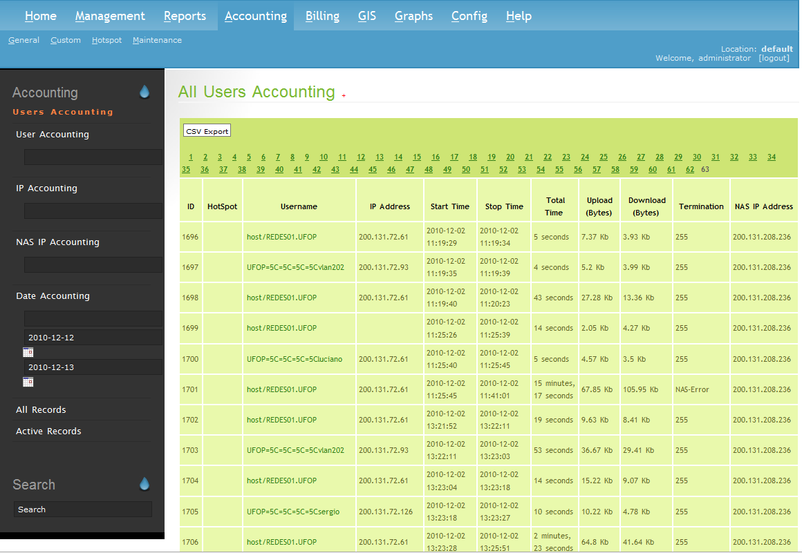 5. RESULTADOS 54 os logs de acesso de todos os usuários, estes dados podem ser ltrados por nome de usuário, IP, data e horário de acesso e etc.