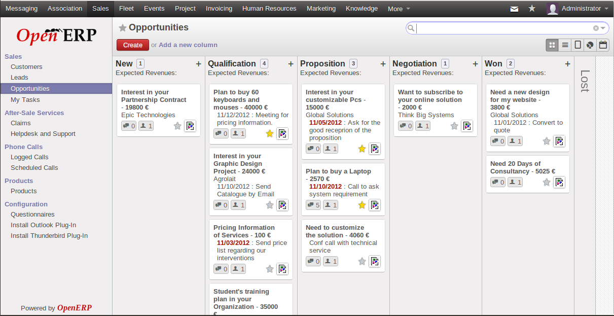 OpenERP CRM (Gestão de Relacionamento com Clientes) A OpenERP CRM permite que você identifique seus melhores prospectos e oportunidades.
