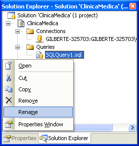 Figura 11 Caixa de Diálogo: Connect to Database Engine 5. Na região Solution Explorer, clique com o botão direito no arquivo SQLQuery1.sql, clique em Rename, e escreva ddlclinicamedica.sql. O arquivo ddlclinicamedica.