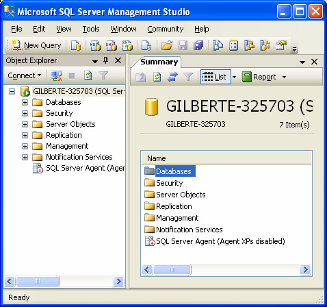 Figura 3 - Caixa de diálogo Connect 3. Dentro do SQL Server Management Studio observamos as regiões Object Explorer e Summary.