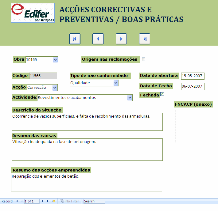 Fig. 5.14 - Formulário Acções correctivas e preventivas 5.2.