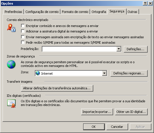 Importação do Certificado Digital para o Microsoft Outlook Esta secção servirá apenas para os utilizadores que necessitem de importar o Certificado, que foi exportado pelo Firefox, para o Microsoft