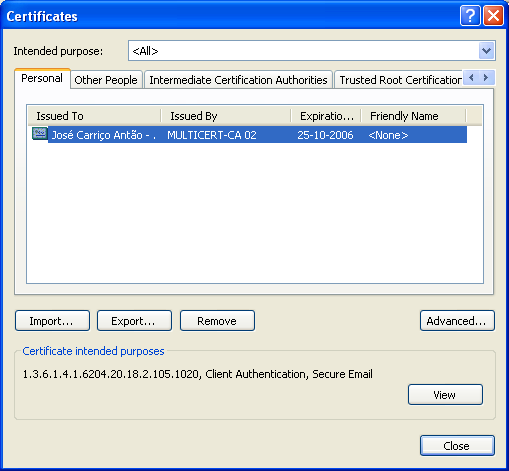 o Certificado Digital que pretende efectuar a cópia de segurança Clique no botão Exportar / Export No caso de possuir mais do que