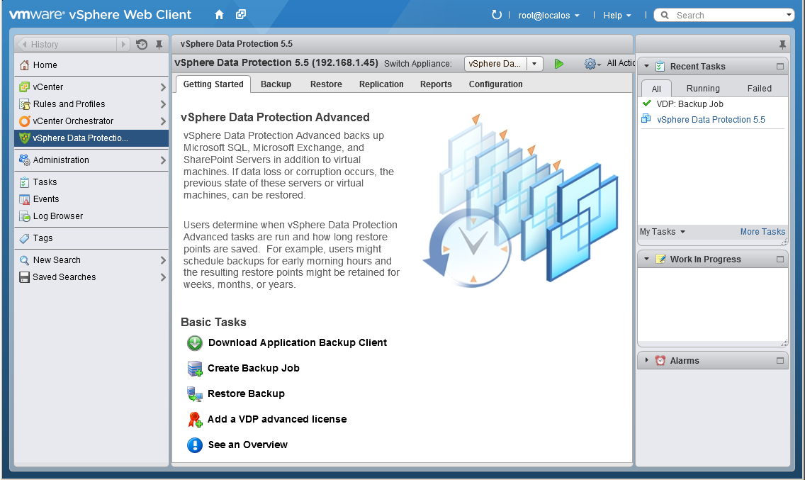 Configrando os backps do SharePoint Server Figra 4 VDP vsphere Web Client 4. Na gia Backp, selecione Backp Job Actions e cliqe em New para iniciar o Backp Job Wizard.