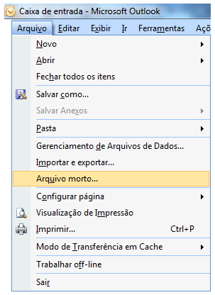 Passo 1 No Outlook 2007: Selecione menu Arquivo e clique em Arquivo morto.