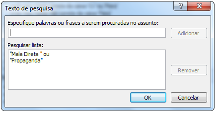 Passo 3 Escolha a condição que a regra de e-mail será usada. Conforme a condição escolhida, você deve definir as palavras especificas para a condição. Veja o exemplo abaixo.