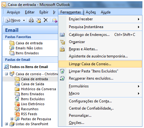 Limpando Caixa de Correio A limpeza das caixa de correio é necessária de tempos em tempos para garantir a boa funcionalidade do Outlook e evitar problemas como: não enviar ou receber e-mails, Outlook