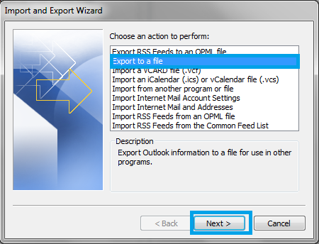 Exportação de Arquivos no Outlook Para continuar a utilizar o Outlook e manter os contactos, emails e pastas, pode ser utilizada a ferramenta de Import/Export do