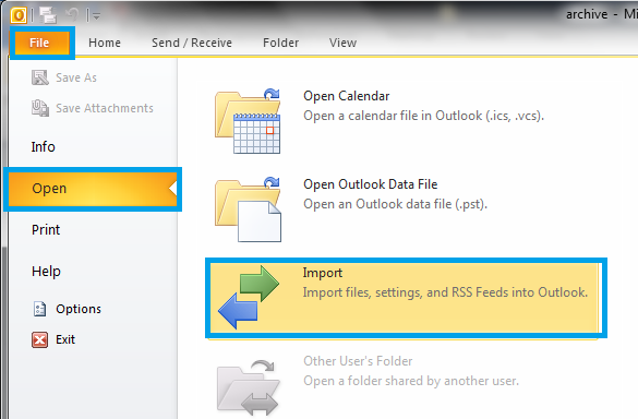 3. O arquivo foi adicionado ao Outlook.