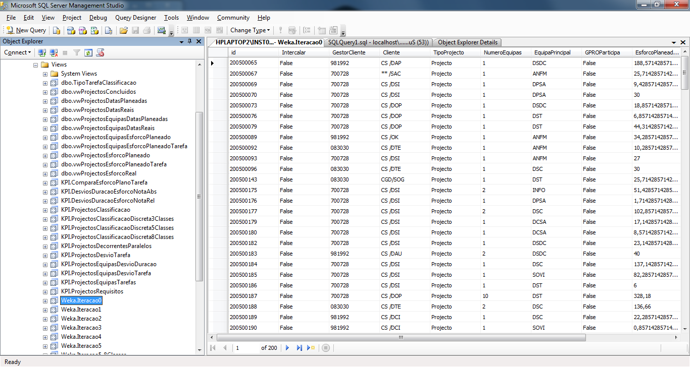 Implementação Imagem 7 - SQL Server Management Studio, vista sobre o DM No exemplo demonstrado a listagem tem o seguinte formato CREATE VIEW [Weka].[Iteracao0] AS SELECT [PC].[id],[PC].