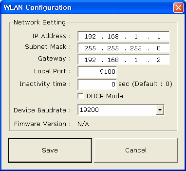 Selecione a impressora SRP-F310 da lista e pressione a tecla [Setting] (Configurar), em seguida, aparecerá a janela para definir as configurações WLAN Digite o endereço IP, a máscara Subnet e o