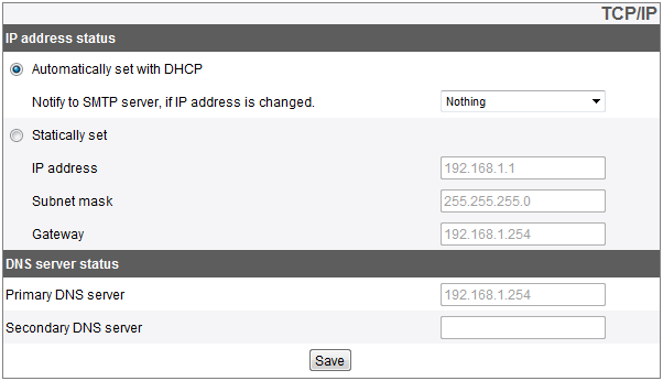 TCP/IP IP Address status > > Automatically set with DHCP: Selecione para usar a função de DHCP. Configuração automática do servidor DHCP do dispositivo de rede.