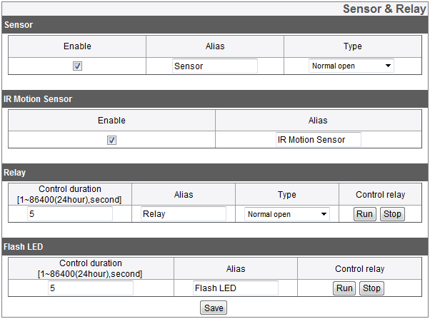 Sensors & Relays Sensor > > Enable: Selecione quando for usar o sensor. > > Alias: Dê nome ao sensor. > > Type: Selecione um tipo de sensor.