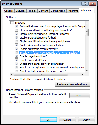 Screenshot 2: Caixa de diálogo Opções da Internet 3. Desmarque a caixa de seleção Habilitar exibição de pasta de FTP no nó Navegação.