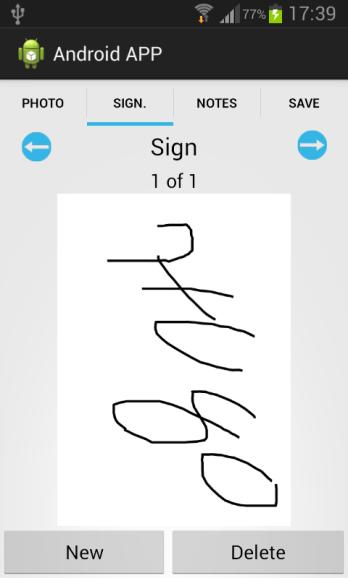 By pressing the button entitled New, the user should pass to the camera GUI, (default Android camera GUI from the device), or the signatures GUI and the Notes GUI (Fig. 14). Fig. 11.
