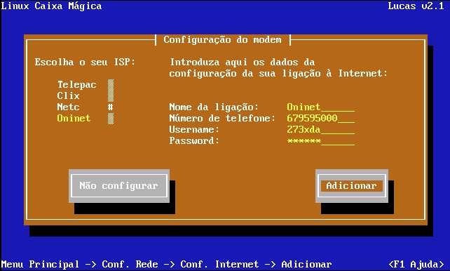 Manual Linux Caixa Mágica Servidor 10 Figura 5.17: Acesso à Internet Se pretender adicionar uma nova conta, terá de carregar em "Adicionar". De seguida, seleccione o seu ISP e carregue em Continuar.