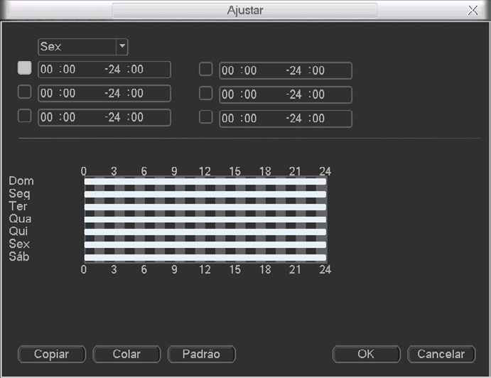 Período: é possível ajustar até 6 períodos (00:00-24:00) diferentes por canal para cada dia da semana.