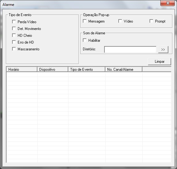 Alarme A tela será exibida conforme a figura a seguir: Menu alarme Nesta seção é possível habilitar e visualizar os alarmes dos seguintes casos: Perda de vídeo: aviso de alarme no momento da perda de