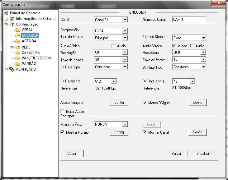 Encoder A tela Encoder é exibida conforme a figura a seguir: Encoder Canal: selecione o canal que deseja realizar o ajuste. Nome do Canal: possibilita alterar o nome do canal do dispositivo.