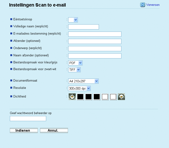 De scannerfunctie gebruiken Instellingen Scan to e-mail 1 Item Instelling Beschrijving Eéntoetsknop Optioneel Selecteer de bestemming als u deze wilt instellen als snelkiesnummer.