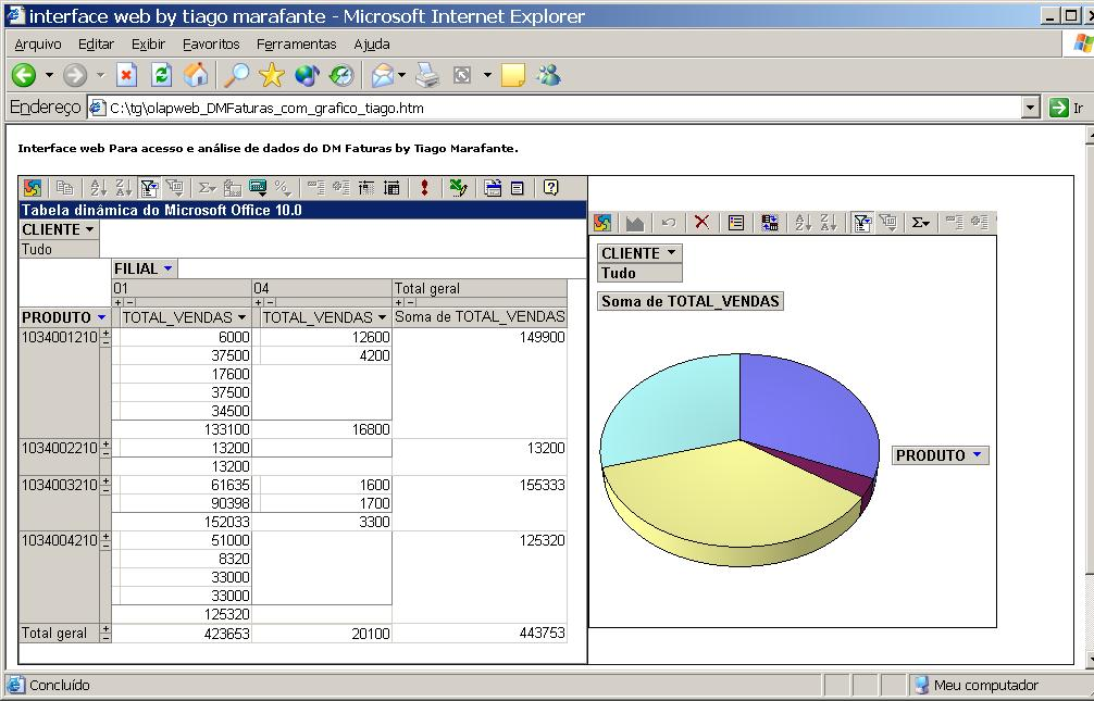 b) Aplicação de WBI: ferramenta de Web-BI, implementada utilizando-se a tecnologia OWC (Office Web Component). Figura 11 Aplicação de Web-BI construída no trabalho.