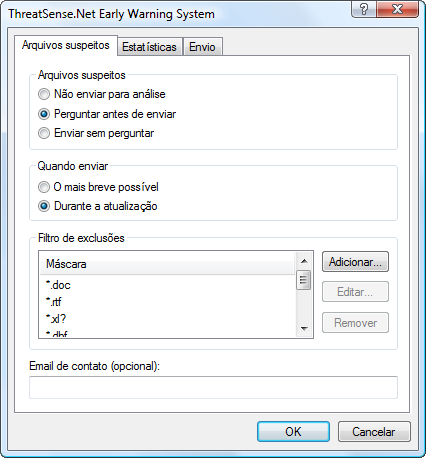 4.7.1 Arquivos suspeitos A guia Arquivos suspeitos permite configurar a maneira como as ameaças serão enviadas ao laboratório da ESET para análise.