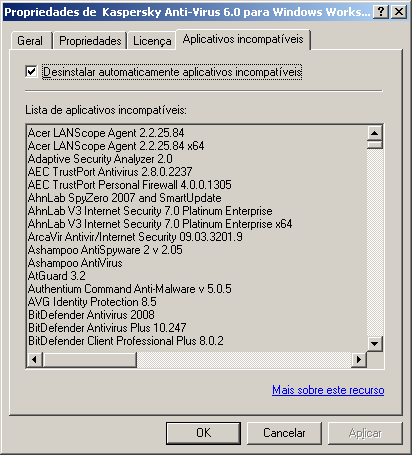 I N S T A L A Ç Ã O R E M O T A E R E M O Ç Ã O D O S O F T W A R E Se a caixa Desinstalar automaticamente aplicativos incompatíveis não estiver marcada, então na detecção de tal aplicativo, a