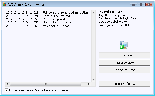 Se não houver ícone disponível, você pode iniciar o AVG Admin Server Monitor a partir do menu Iniciar do Windows Todos os programas/administração Remota do AVG selecionando AVG Admin Server Monitor.