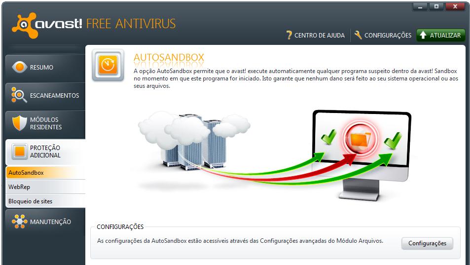 conforme apresentado na figura ao lado. Nesta janela, pressione o botão CONFIGURAÇÕES Na janela apresentada, desmarque a opção PERMITIR A AUTOSANDBOX e depois pressione o botão OK para confirmar.